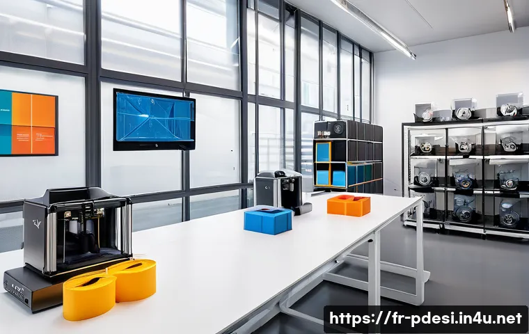 제품디자인에서 3D 프린팅의 중요성 - A high-tech 3D printing workshop scene in a modern French design studio, showcasing a variety of adv...