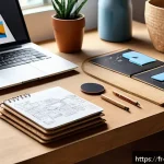 제품디자인 초보자를 위한 입문 가이드 - A modern product designer&rsquo;s workspace featuring a sketchbook with hand-drawn product concepts, surro...