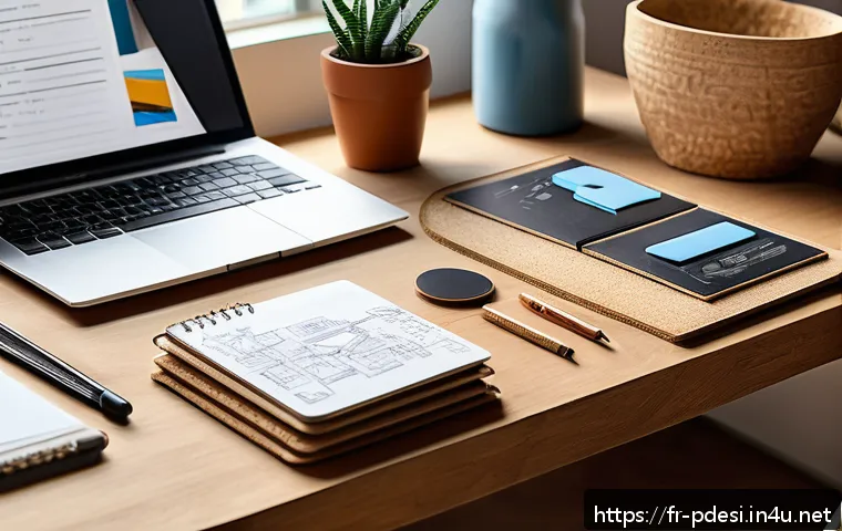 제품디자인 초보자를 위한 입문 가이드 - A modern product designer’s workspace featuring a sketchbook with hand-drawn product concepts, surro...