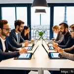 제품디자인에서 고객 요구 분석의 중요성 - A modern French office scene showing a diverse group of professionals&mdash;designers, engineers, marketer...