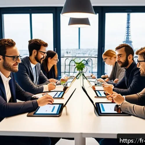 제품디자인에서 고객 요구 분석의 중요성 - A modern French office scene showing a diverse group of professionals&mdash;designers, engineers, marketer...