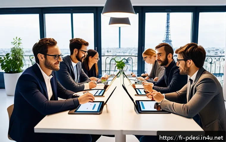 제품디자인에서 고객 요구 분석의 중요성 - A modern French office scene showing a diverse group of professionals&mdash;designers, engineers, marketer...
