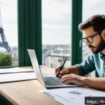 제품디자인 취업 성공을 위한 핵심 전략 - A modern product designer workspace in Paris, featuring a young professional wearing smart casual at...