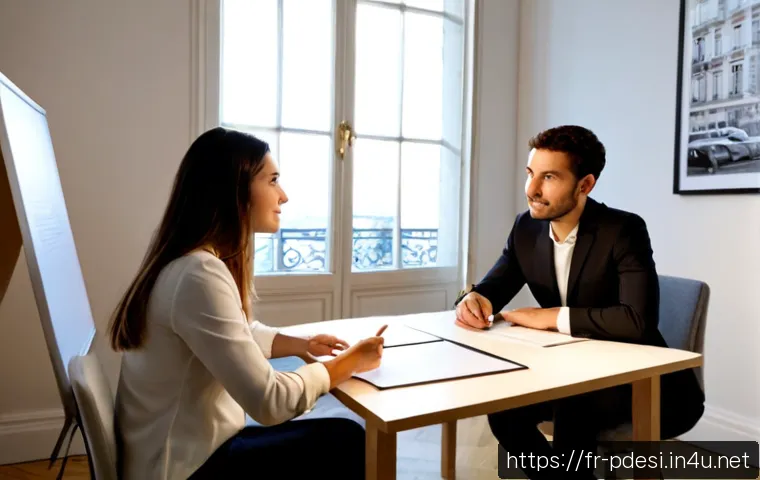제품디자인 취업을 위한 면접 질문 대비법 - Photorealistic product design job interview in a bright contemporary Paris studio, confident young d...